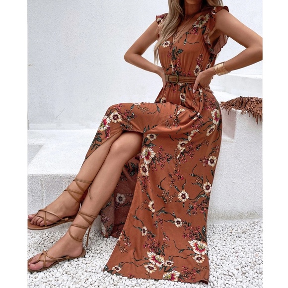 Boho Rust Brown Floral Print V neck Ruffle Cap Sleeve Maxi Dress - Picture 3 of 7